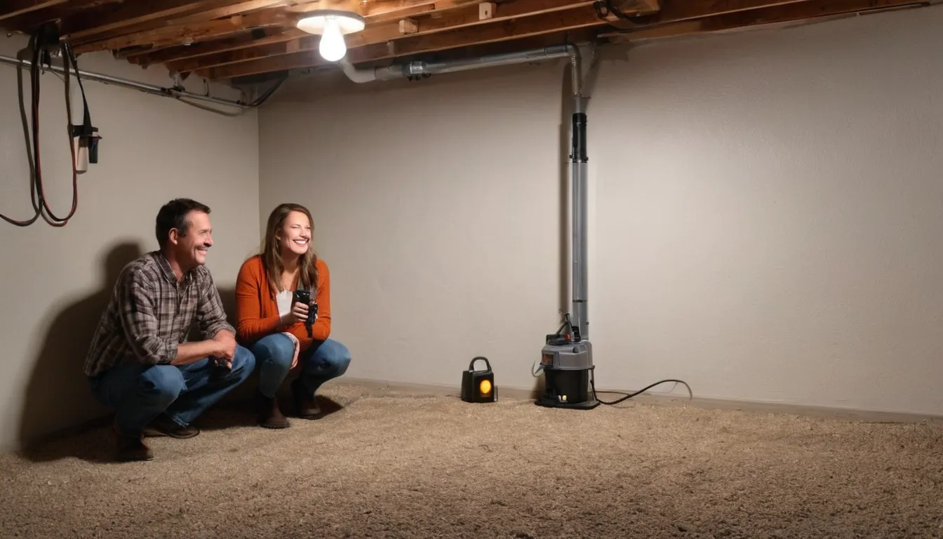 A homeowner checking an old basement wall with a provider near a sump pump